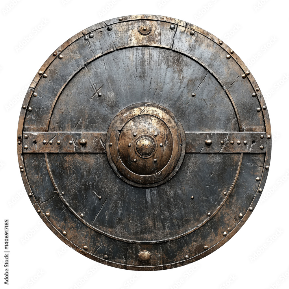 Fototapeta premium Aged round metal shield with central boss, riveted frame, and battle-worn patina, ideal for medieval or fantasy scenes.