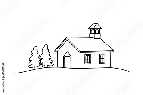 Simple Outline Illustration Of A Schoolhouse With Trees On A Hill