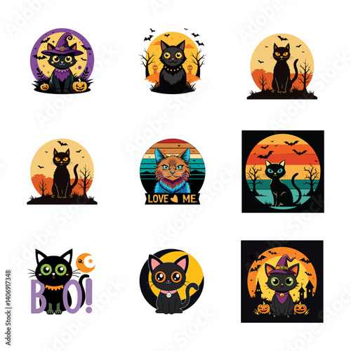 Collection of cartoon cats with halloween and love themes in various designs and color schemes silhouette