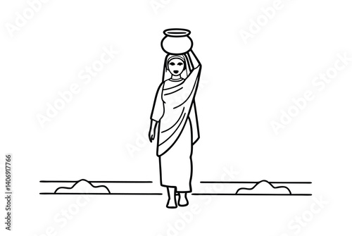 Simple Line Art Illustration Of Woman Carrying Water Pot On Head