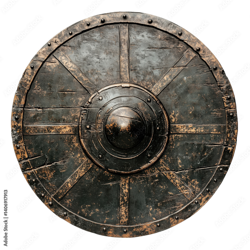 Naklejka premium Aged round metal shield with central boss, riveted frame, and battle-worn patina, ideal for medieval or fantasy scenes.