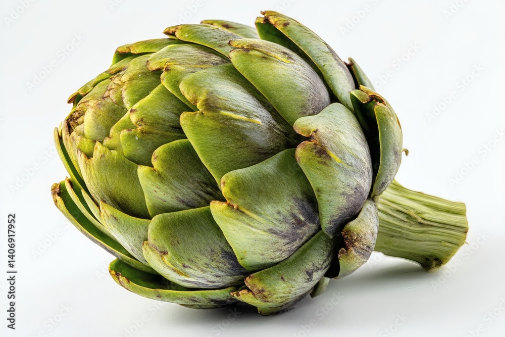 A single green artichoke head on white background A single green artichoke head on white background
