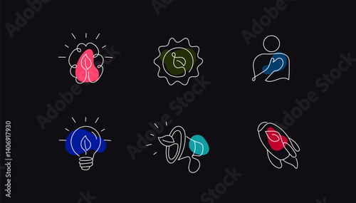 Eco Innovation and Sustainable Branding Icon Set. Includes Green Brain, Eco Badge, Ethical Marketing, and Conscious Innovation Concepts