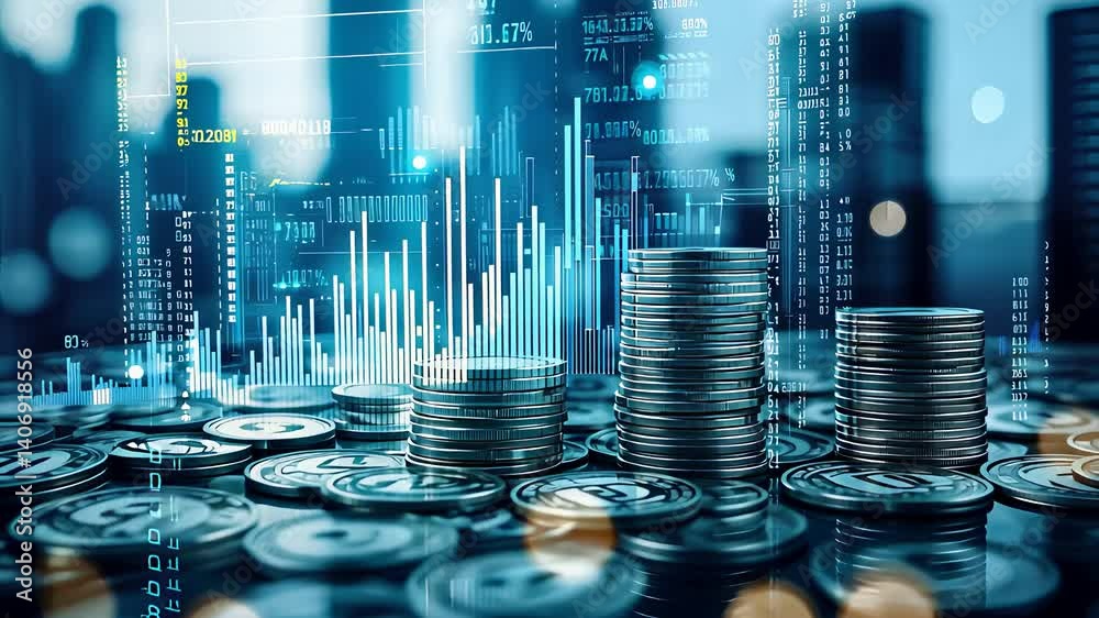 Stacks of Coins with Financial Data and Digital Analytics in a Modern Business Environment

