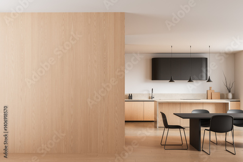 Fototapeta Naklejka Na Ścianę i Meble -  Modern kitchen interior with light wood blank wall and stylish dining area for creative design mockup or poster template display concept. 3D Rendering