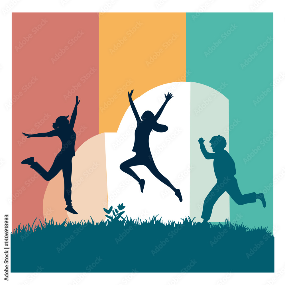 Naklejka premium Silhouettes of people jumping and running in front of vibrant colorful panels with a grassy foreground for an energetic design