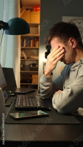 Tired man rubs eyes while working at computer. Fatigued freelancer working late at home office. Concept of stress and mental fatigue during remote work