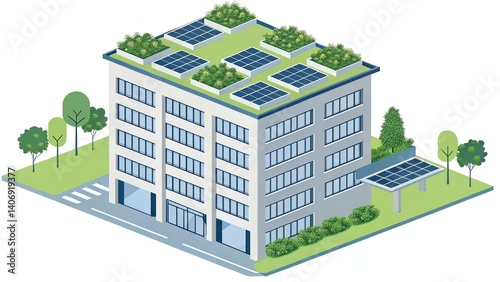 Wallpaper Mural Green energy reduce carbon emissions and makes earth cleaner and more ecological, vector of modern office building with rooftop solar panels and vertical gardens Torontodigital.ca