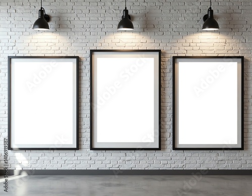 Triple blank posters on white brick wall with lighting