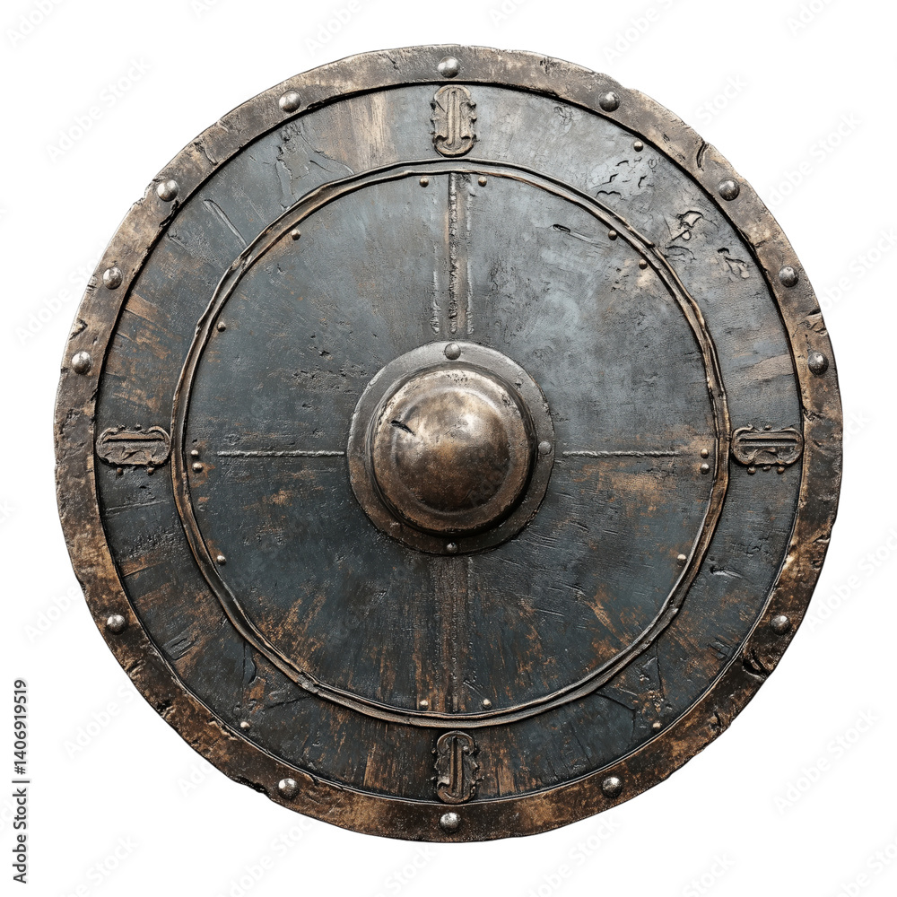 Naklejka premium Aged round metal shield with central boss, riveted frame, and battle-worn patina, ideal for medieval or fantasy scenes.