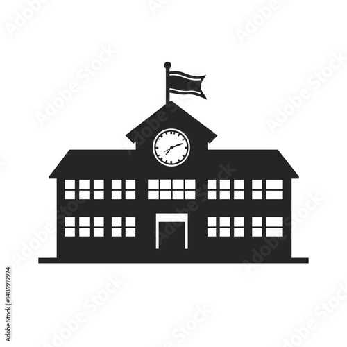 Silhouette of a classic school building icon with a flag and a clock, representing education.