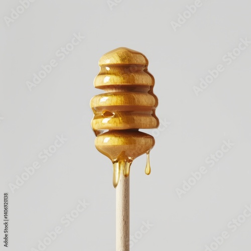 A close-up of a honey dipper dripping golden honey against white background.