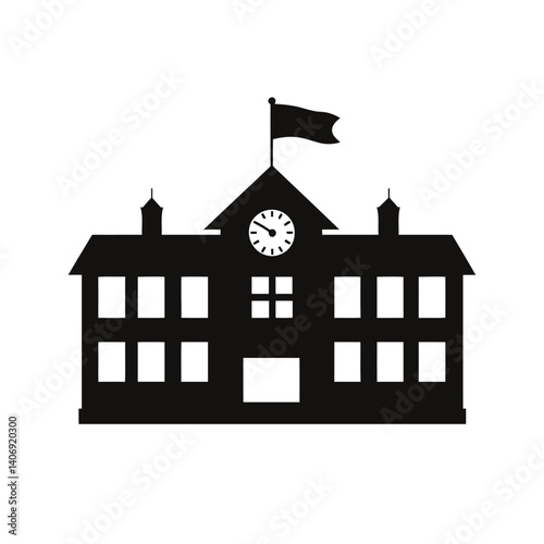 Silhouette of a classic school building icon with a flag and a clock, representing education.