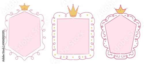 Princess cute pink frame sketch with crown swirl decorations. Simple doodle hand drawn border. Whimsical elegant vintage.