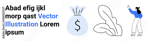 Woman gesturing upwards, bag with dollar sign, and abstract leaves represent financial growth, creativity, and innovation. Ideal for finance, business, savings, investment eco-friendliness