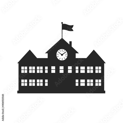 Silhouette of a classic school building icon with a flag and a clock, representing education.