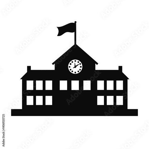 Silhouette of a classic school building icon with a flag and a clock, representing education.
