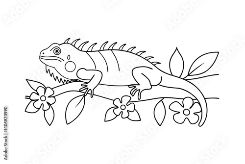 Iguana Reptile Illustration On Blooming Flowers Coloring Page Outline Vector