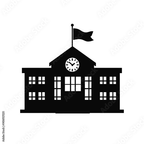 Silhouette of a classic school building icon with a flag and a clock, representing education.