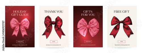 Hand drawn gift cards with vintage bow. Ideal for promo banners, boutique ads, packaging, seasonal campaigns. Sketch vector illustration set