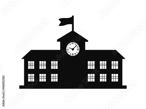 Silhouette of a classic school building icon with a flag and a clock, representing education.