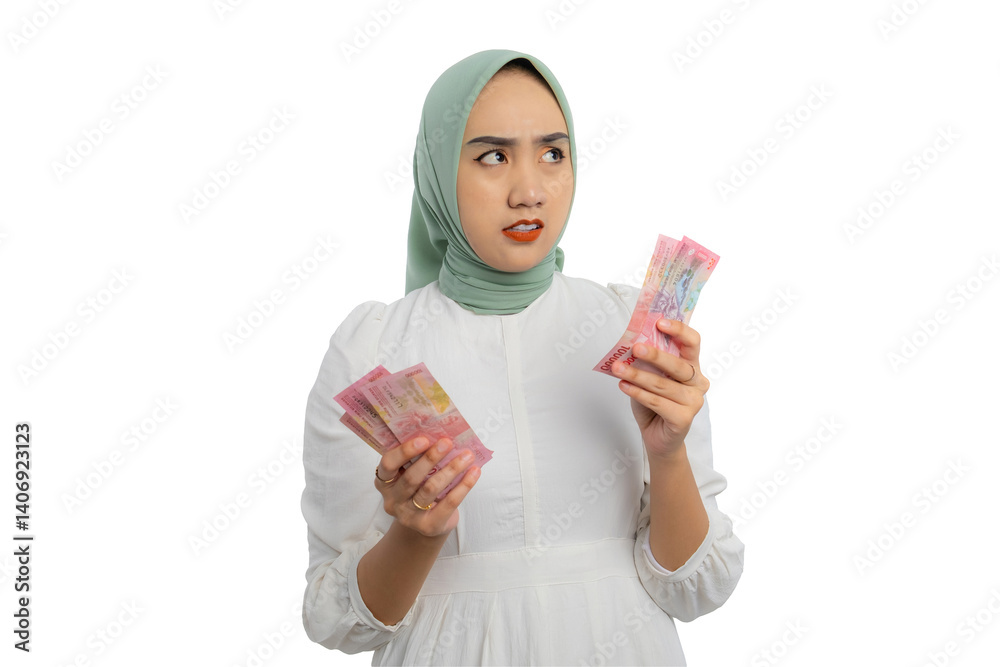 Pensive young Asian woman in green hijab and white blouse holding bunch of money and looking up with doubtful expression isolated on transparent background Pensive young Asian woman in green hijab and white blouse holding bunch of money and looking up with doubtful expression isolated on transparent background
