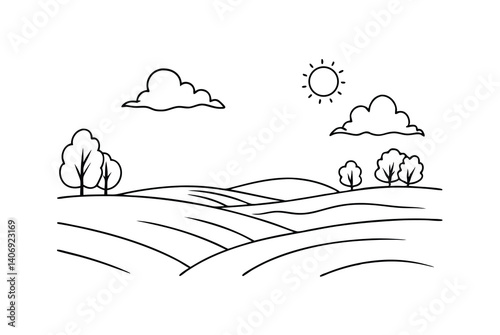 Line Art Landscape With Hills Trees Clouds And Sun Simple Illustration