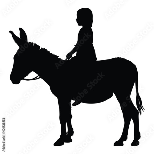 Silhouette of Child Riding a Donkey with Transparent Background, Animal Transport