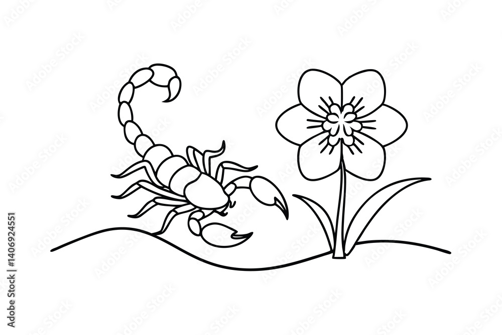 Obraz premium Scorpion And Flower Outlined Illustration For Coloring Book Style Designs