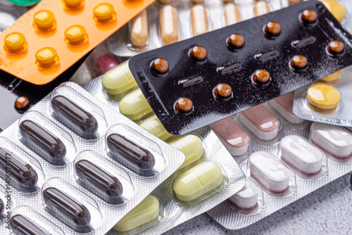 Variety of medicines and drugs.Medicine and healthcare concept.Variety of medicines and drugs.Medicine and healthcare concept.Pill for the prescription and treatment various diseases chemistry