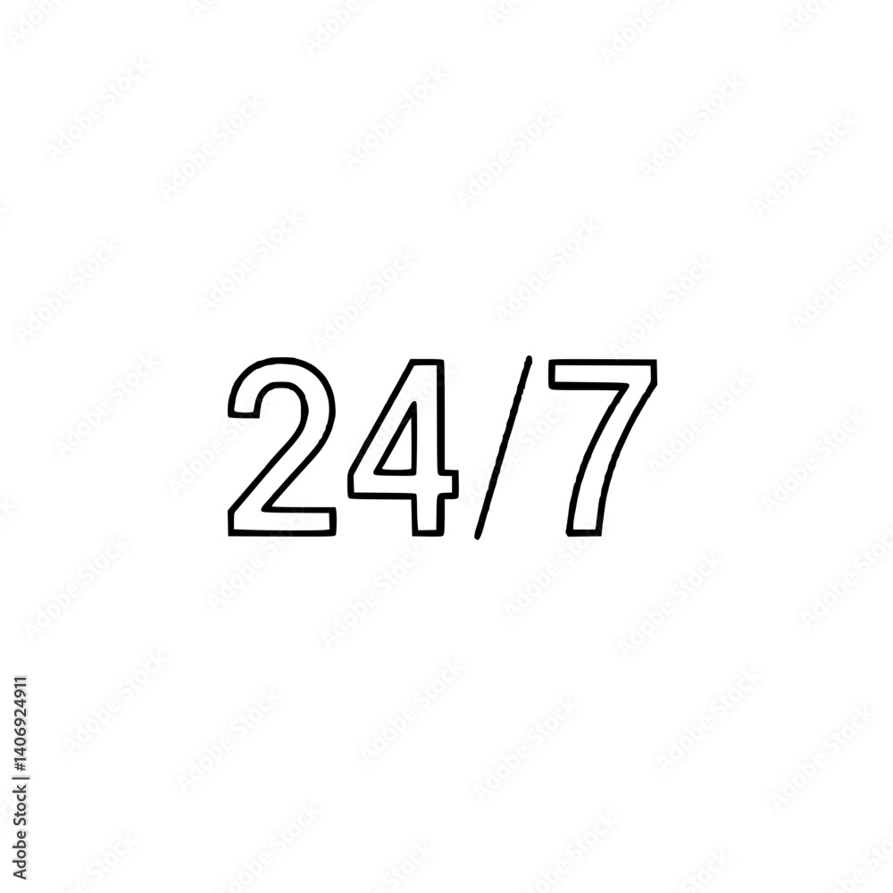 A minimalistic 24/7 icon representing the concept of round-the-clock service and services