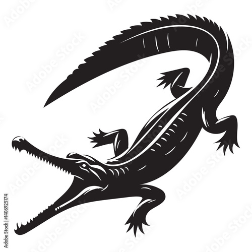 Powerful Gharial silhouette, the river’s stealthy predator – Gharial illustration – Gharial vector – Reptile silhouette

