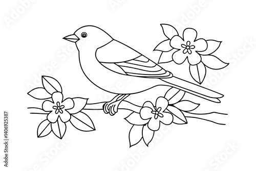 Bird On Branch Coloring Page Illustration Spring Flowers Graphic Vector