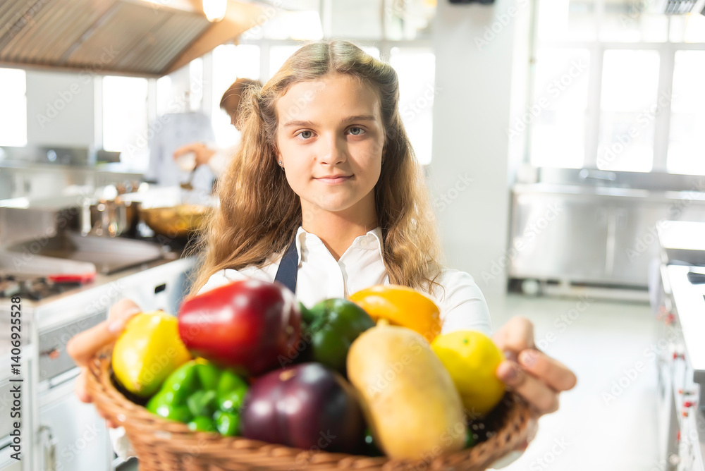 Chef girl holding vegetable in kitchen room.cooking food Concept Chef girl holding vegetable in kitchen room.cooking food Concept