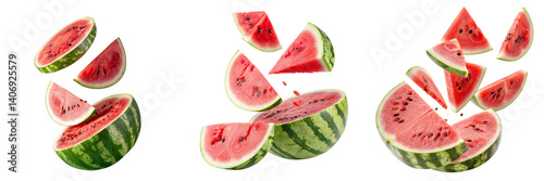 Set of Watermelon sliced flying  isolated on a transparent background