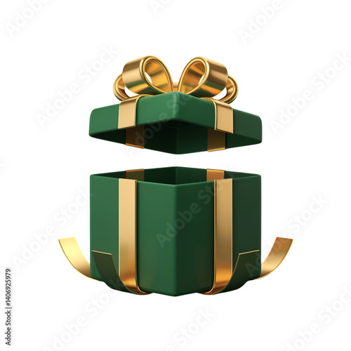 Open gift box with golden ribbon, green present floating in the air isolated