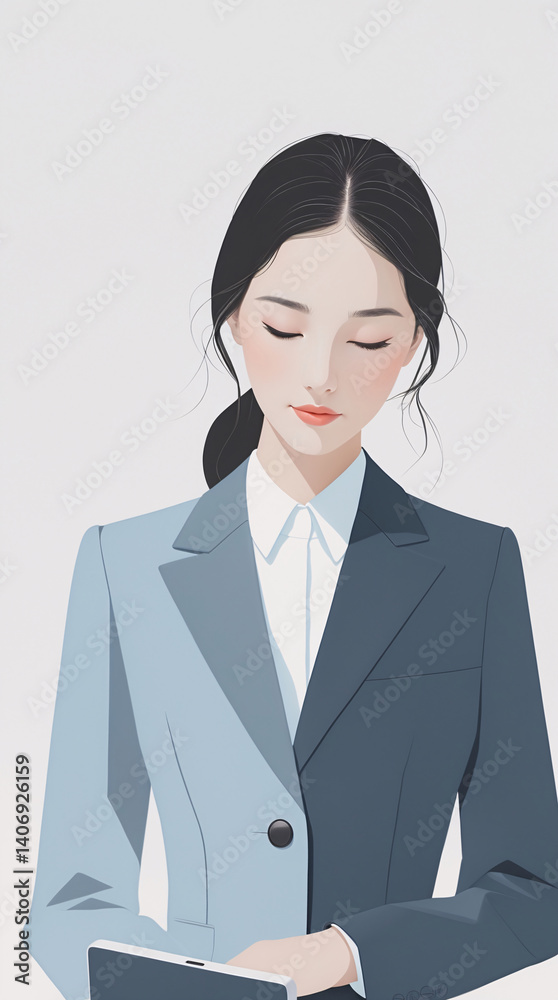 Stylish businesswoman in light bluish gray suit flat design with low ponytail and neat bun perfect for digital branding and marketing posts premium character illustration Stylish businesswoman in light bluish gray suit flat design with low ponytail and neat bun perfect for digital branding and marketing posts premium character illustration