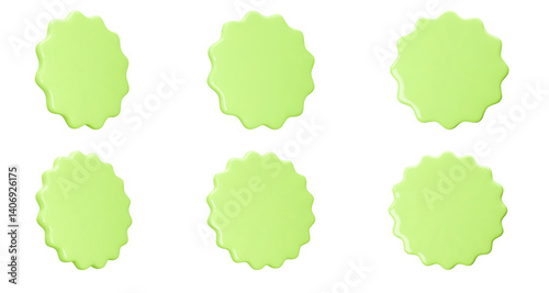 Set stickers, badges mockup. Blank labels of circle shapes with wavy edge. Vector illustration isolated on white. Copy space. Stickers or patches for preview tags, labels, design, presentation, adv
