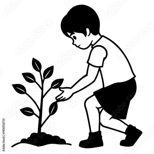 Silhouette of a child planting a young tree, Earth Day celebration 