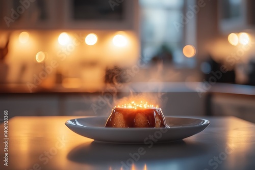 Warm, steaming, dessert dish on a kitchen table. photo