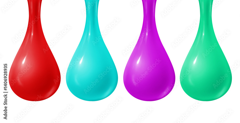 Vibrant collection of glossy gel nail polish drops in red, turquoise, magenta, and mint green, isolated on white background