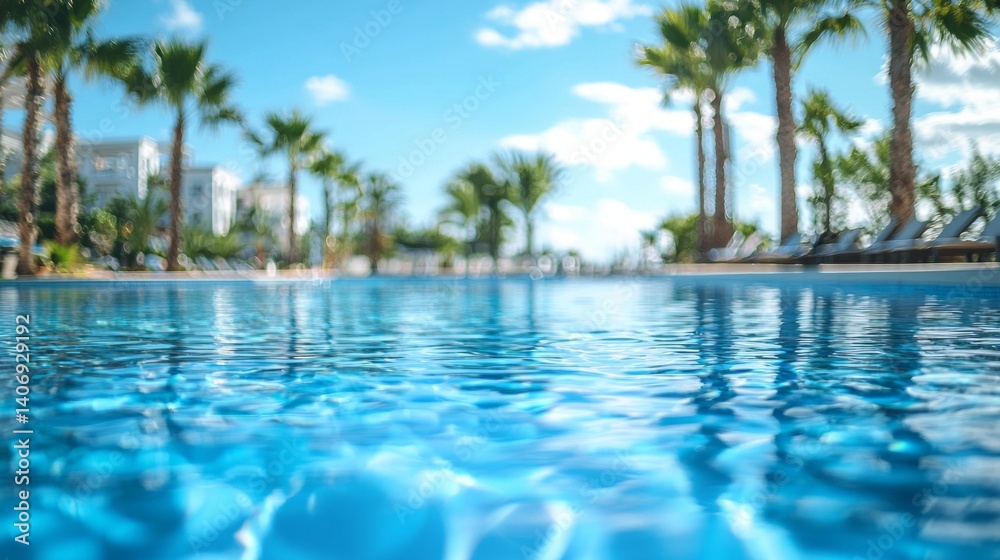 A pool with palm trees in the background A pool with palm trees in the background