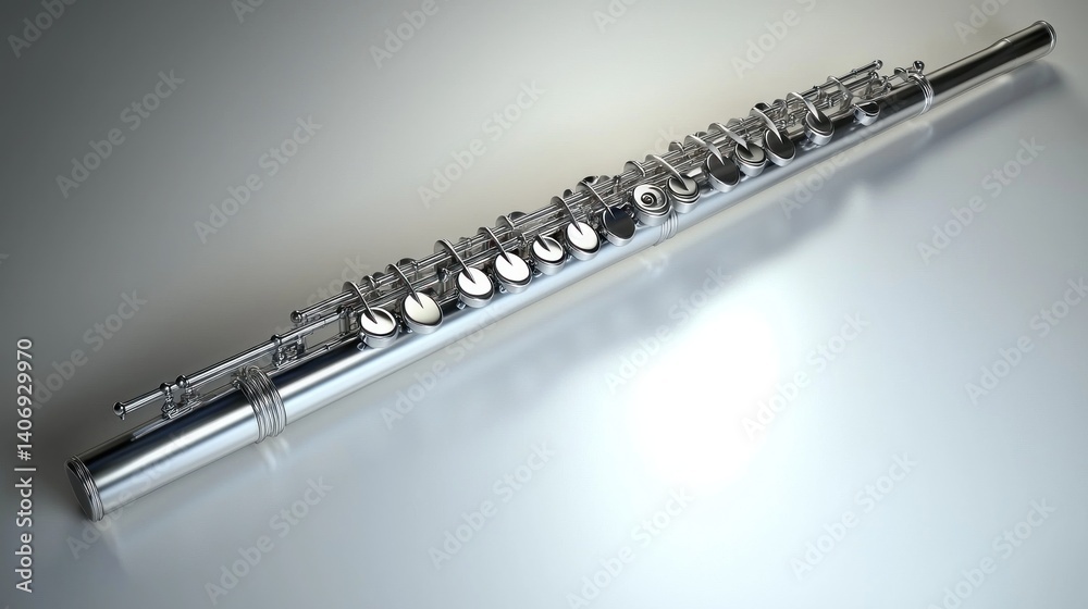 Fototapeta premium Polished silver flute. Detailed view of instrument, showcasing keys and body