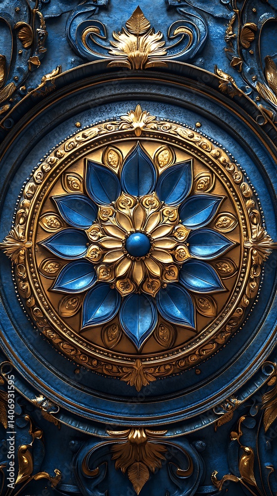Obraz premium Ornate Blue & Gold Floral Phone Wallpaper Circular Relief with Central Gem & Intricate Petals | HD Elegant Design