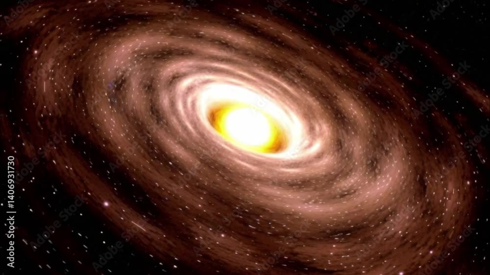 Bright galaxy spiral with stardust trails, glowing core and cosmic motion swirl