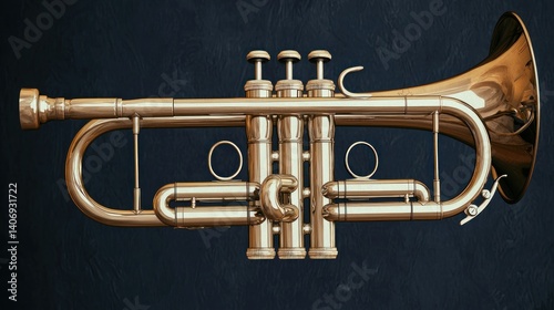 Polished brass trumpet, gleaming on dark background.  Detailed view of valves and bell photo