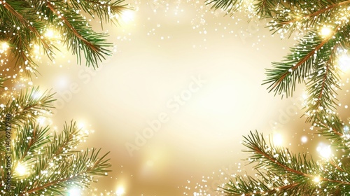 Glittering gold background with green pine branches along the edges, festive and warm