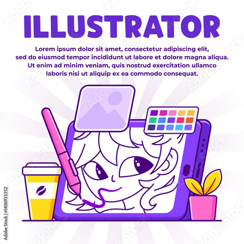 Illustrator concept with tablet stylus coffee and plant