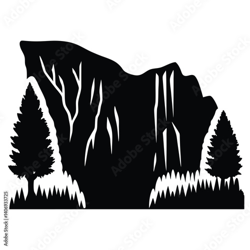 Black and white silhouette of waterfall, bold vector nature scene design for digital and print use