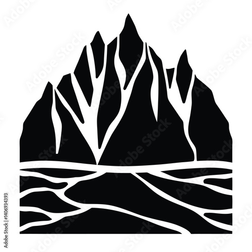 Black and white silhouette of mountain range, bold vector nature scene design for digital and print use